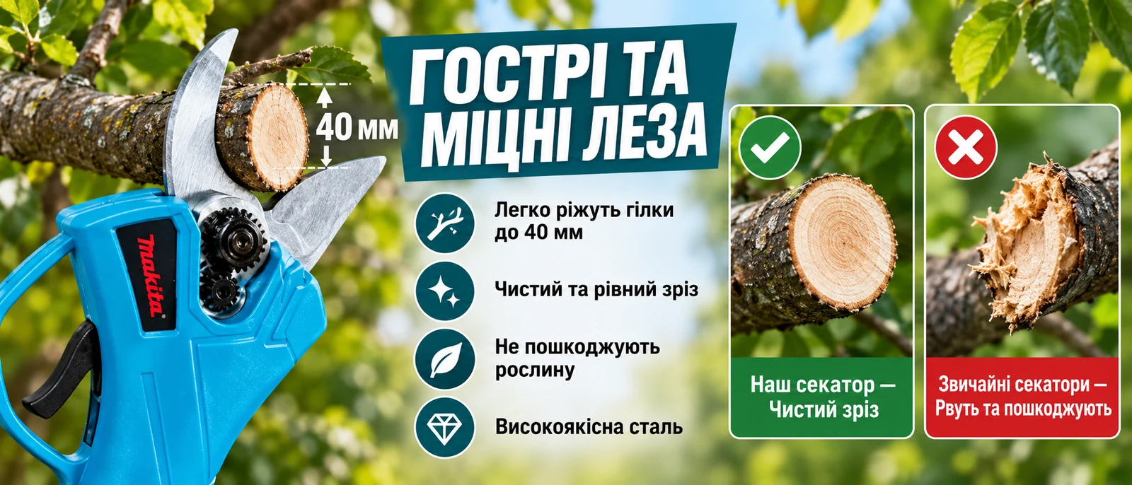 Секатор обрізає гілку